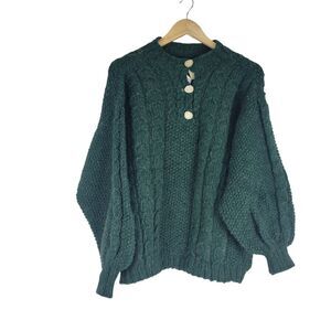 Maine Made Fisherman Sweater Antler Button L/XL Wool Chunky Cable Knit Green NWT
